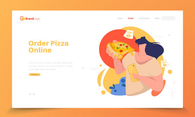 A woman eating pizza and giving review illustration