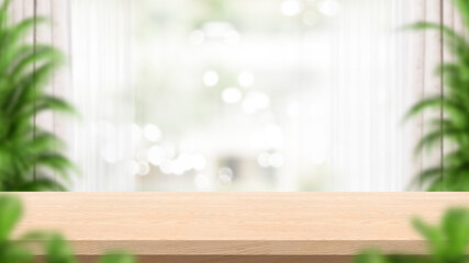Empty wood table and blur background. Consisting of curtains and plants. Concept for product presentation display. 3D illustration