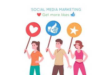 Smm, social media marketing, digital promotion on the internet, social network. Smm agency banner. People are holding signs of likes and hearts. Cartoon vector illustration for advertising.