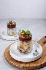 Puding Coklat Vanila. Chocolate and vanilla puddings are a desserts with chocolate  and vanilla flavors topping with jelly pearls. 