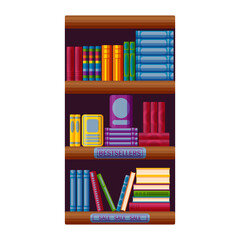 Bookshop rack with bestsellers and sale options. Bookstore shelf in cartoon style. Vector illustration on white background