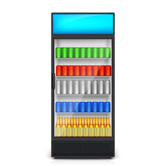 Vending machine. Cans and bottles with blank labels on the shelves. Vector 3d illustration isolated on white.