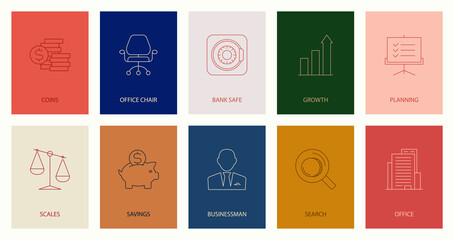 Business and finance web icon set - minimal thin line web icon set: coins, office chair, bank safe, growth, planning, scales, savings, businessman, search, office. Simple vector illustration.