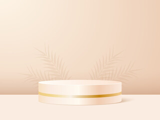 Product podium in beige pastel background with shadow leaves. Abstract minimal scene to presentation or show cosmetic. Vector realistic platform. 3d render.