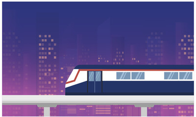 BTS Sky train in cityscape buildings at night vector Illustration. Transportation concept