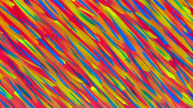 Bright colorful background of bright colorful lines of liquid paints. Bright blue line brush strokes on pink background with yellow brush strokes. Liquid paints on canva. Close-up splatter strokes