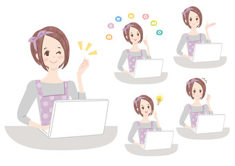 パソコンで作業する若い女性の表情セット