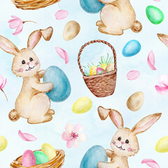 Easter watercolor seamless pattern with rabbits and basket