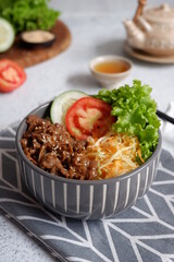 beef teriyaki rice bowl with vegetables in a white background
