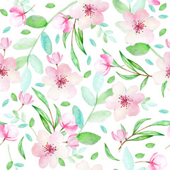 Easter watercolor seamless pattern with green branches, leaves and sakura
