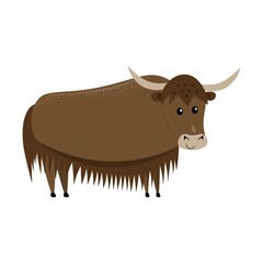 cute cartoon flat tibetan yak from side, vector isolated on white, illustration for children