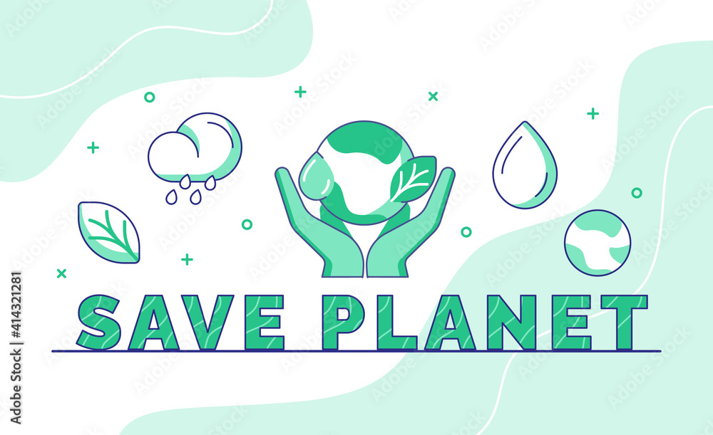 Poster save planet typography calligraphy word art with outline style