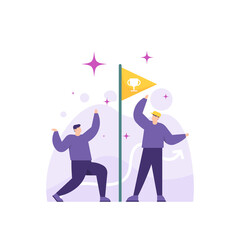a concept of teamwork, victory, success, achieving goals. illustration of a men's team, group or partner, champion flag. symbol of the flag of success. flat style. vector design element