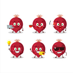 Beet cartoon character with various types of business emoticons