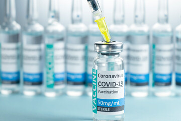 Covid-19 Corona Virus 2019-ncov vaccine vials medicine drug bottles syringe injection blue nitrile surgical gloves. Vaccination, immunization, treatment to cure Covid 19 Corona Virus infection