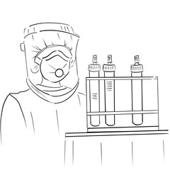 A man in a protective suit and flasks with a chemical substance. Digital illustration.