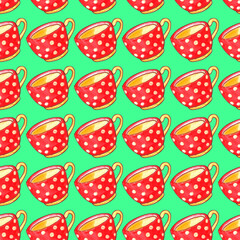 Seamless pattern with red polka dot cups. Watercolor Background and texture with Mugs from hot drink. Hand drawn kitchen supplies. Perfect for packaging, home decoration, textile, menu, cafe