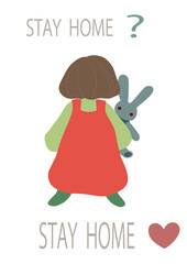 ぬいぐるみを抱いた女の子の落ち着いた色合いをしたポスター風手描きイラストセット（楽しい雰囲気をイメージしたステイホーム用に）