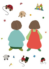 木製の積み木、ぬいぐるみなどのおもちゃと子供の落ち着いた色合いをしたポスター風手描きイラストセット（楽しい雰囲気をイメージしたステイホームや、幼児教育、クリスマスや誕生日などの行事用に）