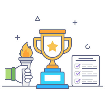
Conceptual flat outline icon denoting goal achievement, trophy with fire torch
