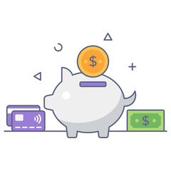 
Piggy bank in flat outline style, savings or accumulation of money 
