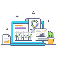 

Online graph report denoting statistics of a company, flat outline vector
