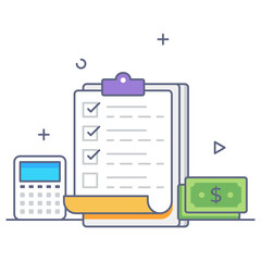 
A calculator with report characterizing budget in flat outline vector
