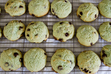 Green St. Patrick's Day Chocolate Chip Cookies; Fresh homemade festive cookies on a cooling rack