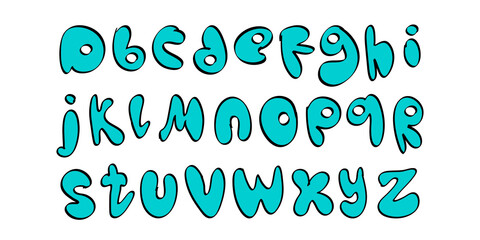 Blue Doodle style freehand font. Alphabet with rounded blown letters. Good for postcards, posters, menu designs or children's books. Vector illustration.