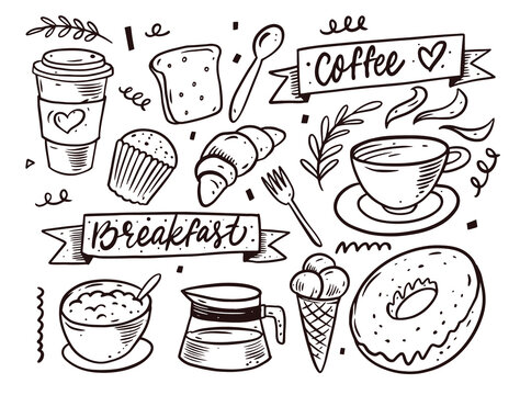 Hand drawn breakfast doodle set elements. Black color.