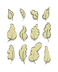 Set of stylish hand-drawn leaves with yellow-gray glitch effect. Doodle style. Elements for the design of postcards, books, menus or advertising. Isolated. Vector