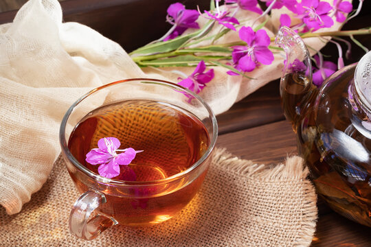 Herbal tea made from fireweed known as blooming sally in teapot and cup