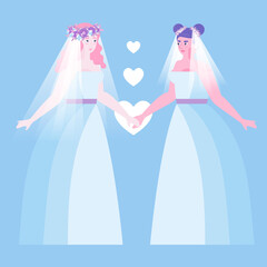 Lesbian brides couple - isolated vector art. Lesbian wedding, gay couple. Two homosexual young women in wedding dresses hold hands with love