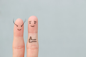 Fingers art of Happy couple. Man likes women's long eyelashes .