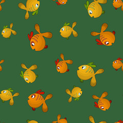 Fototapeta na wymiar Seamless pattern with cute fish on green background. Vector cartoon animals colorful illustration. Adorable character for cards, wallpaper, textile, fabric. Flat style.