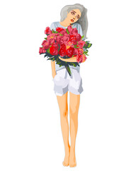 Beautiful girl with a bouquet of roses vector illustration isolated