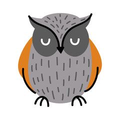 Cute owl isolated on white background in flat and doodle style. Cartoon vector illustration.