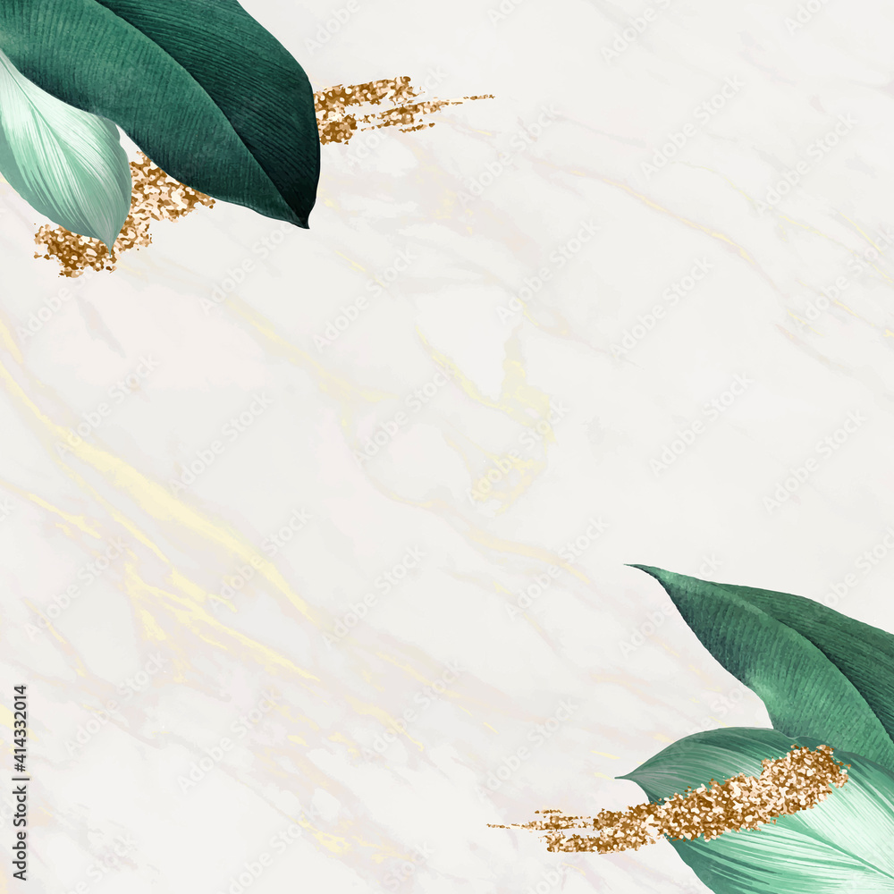 Poster leafy frame on a marble background vector with gold tint