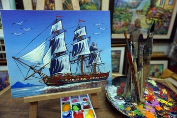  Original oil painting on canvas. sailboat , Boats ,ship , Modern impressionism  ,  Palette ,...