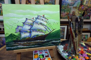  Original oil painting on canvas. sailboat , Boats ,ship . Modern impressionism  ,  Palette ,...