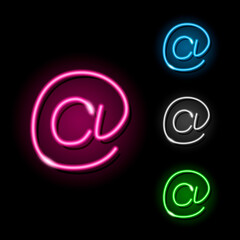 Set of neon e-mail at symbol icons in four different colours isolated on black background. Email, message, letter, adress concept. Night signboard style. Vector 10 EPS illustration.