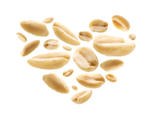 Peeled peanuts in the shape of a heart on a white background
