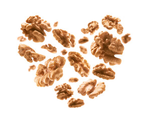 Peeled from the shell, walnut kernels in the shape of a heart
