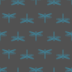 Natural seamless pattern. Gray background with blue geometric dragonflies. Print for fabric. Vector illustration.	
