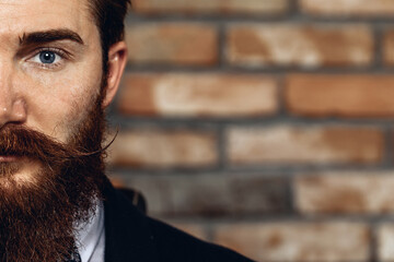 Half face close-up portrait of handsome man with mustache and beard wearing suit. Against the background of a brick wall.