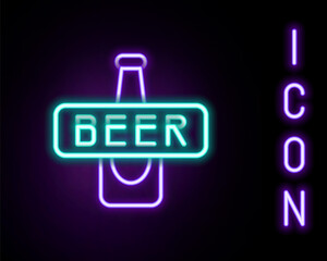 Glowing neon line Beer bottle icon isolated on black background. Colorful outline concept. Vector.