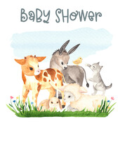 Watercolor farm village baby shower invitation with cute little farm animals