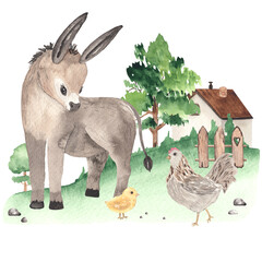 Watercolour farm village composition with a cute little baby donkey and chicken