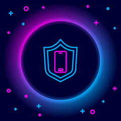 Plakat Glowing neon line Smartphone, mobile phone with security shield icon isolated on black background. Security, safety, protection concept. Colorful outline concept. Vector.