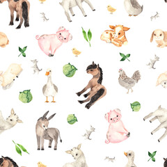 Watercolor farm village seamless pattern with cute little farm animals and elements - 414335648